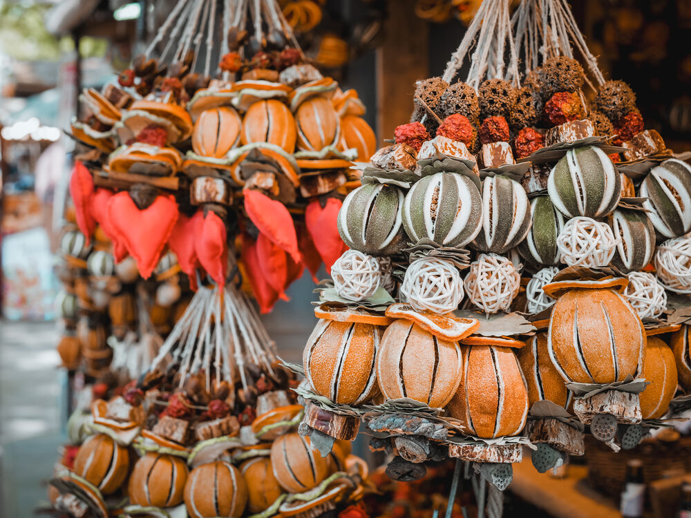 Hanging bundles of dried oranges and pomanders at a Budapest market stall