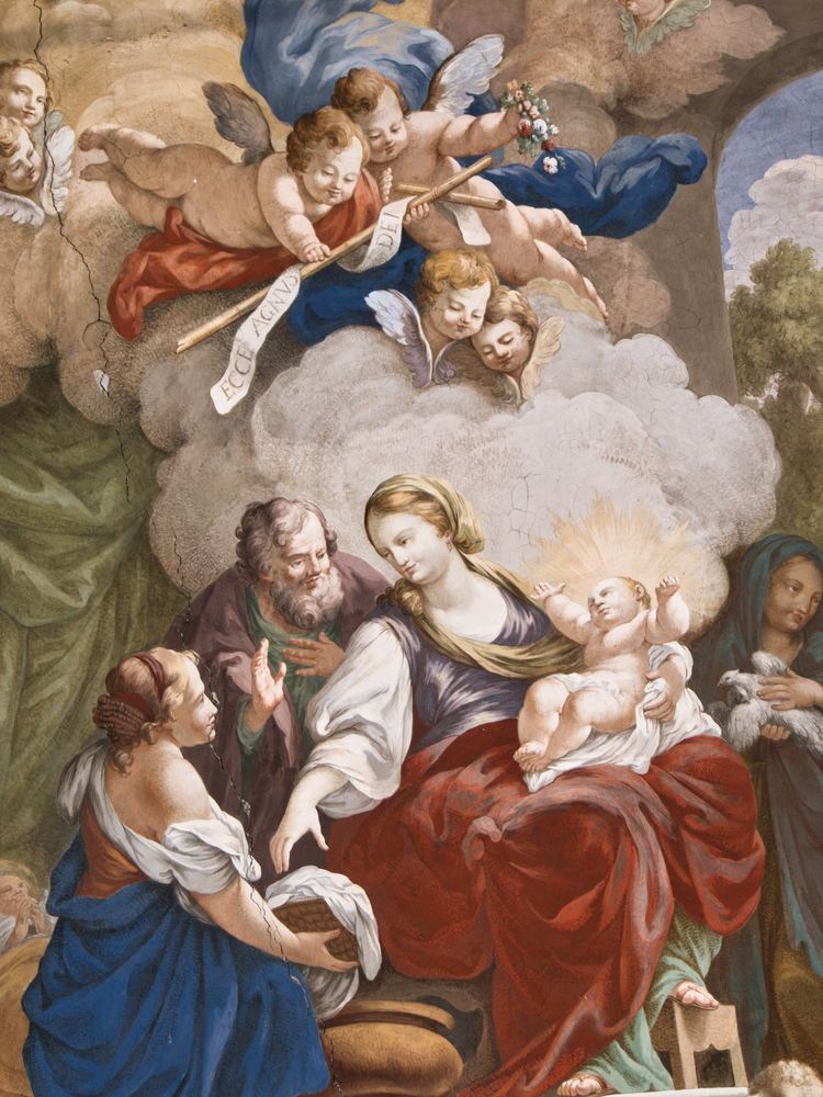 Detail of a ceiling fresco depicting the Holy Family among angels