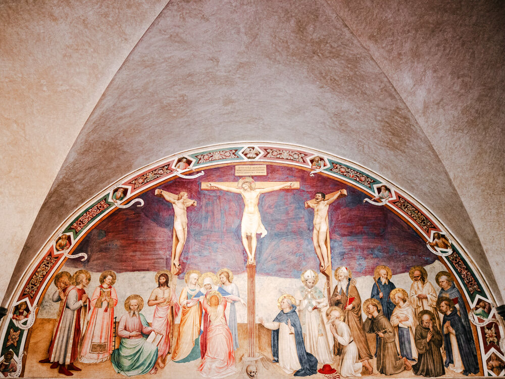 Fra Angelico's Crucifixion with Saints fresco under a vaulted ceiling, San Marco, Florence