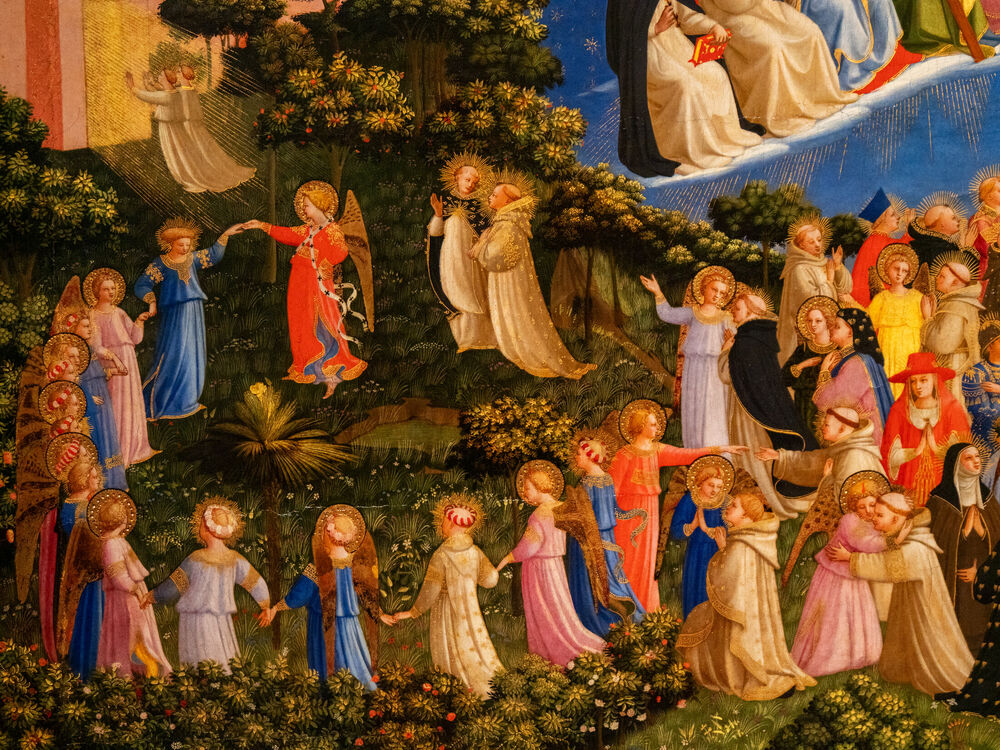 Detail of Fra Angelico's Last Judgment showing angels and the blessed dancing in a garden, San Marco, Florence