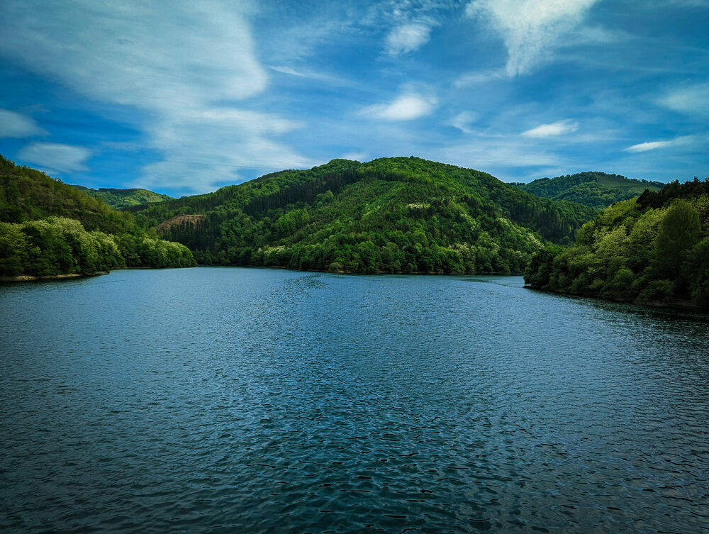 A calm reservoir surrounded by densely forested green hills under a blue sky in the Basque Country