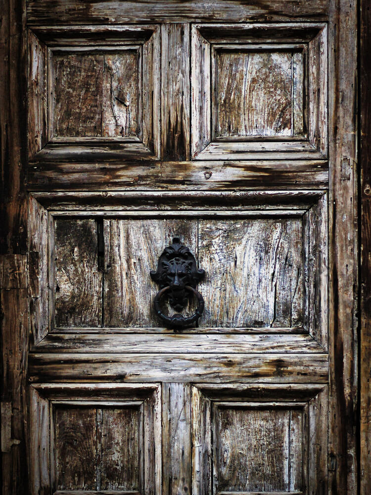 Weathered wooden door panels with an iron lion-head knocker and ring, Palermo