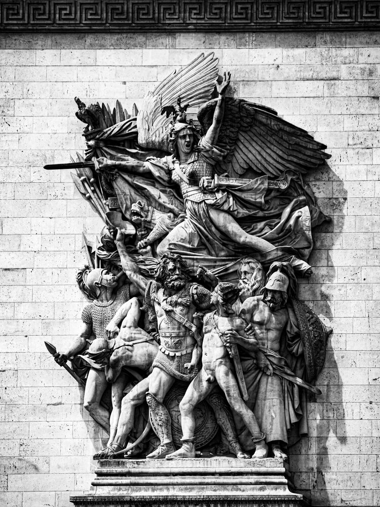 Black and white view of Francois Rude's La Marseillaise relief on the Arc de Triomphe, Paris
