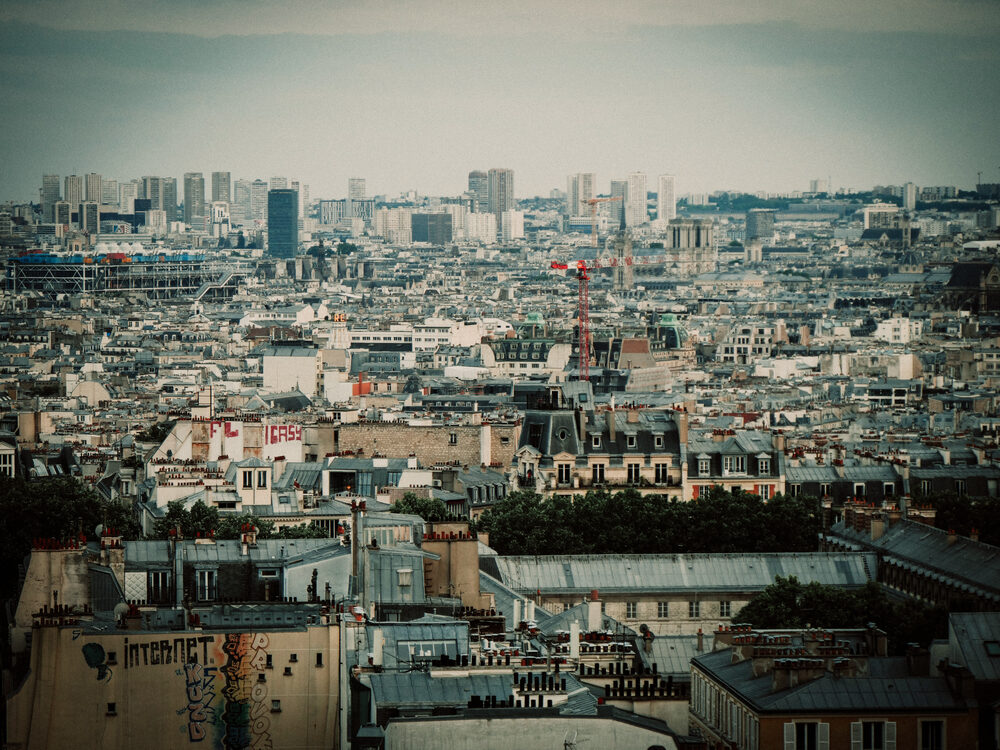Paris rooftops stretching to the horizon under an overcast sky with a red crane, Paris