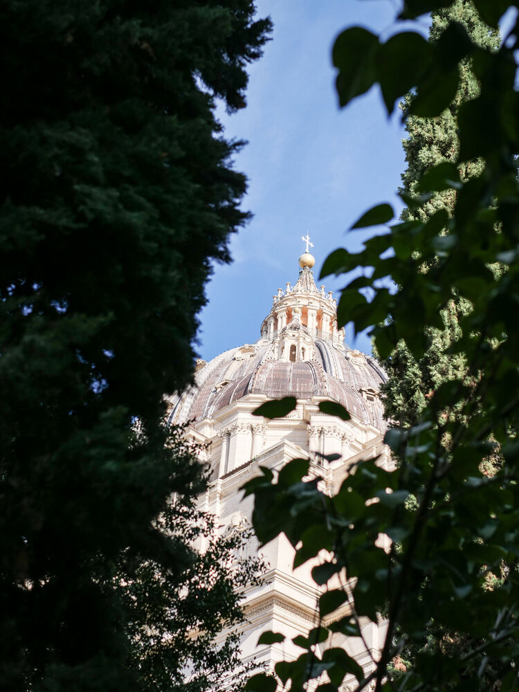 The dome of St Peter's Basilica seen through a gap in dark garden foliage in the Vatican Gardens